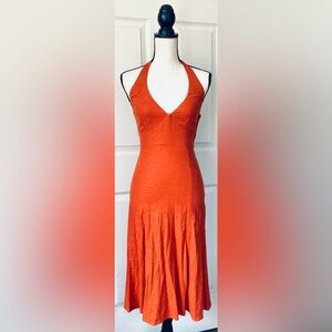 Burnt Orange Halter Midi Dress: Linen Fabric, Fitted & Curvy Shape, by H&M, Sz.4
